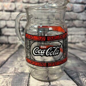 Vintage 1970s Coca-Cola Tiffany Style 2.5 Quart Glass Pitcher 10 Inches Tall